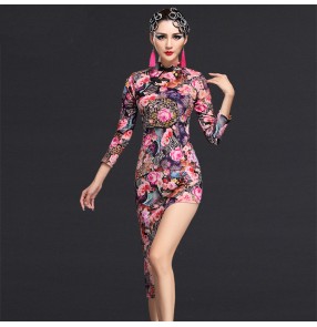 Hot pink floral printed middle long sleeves irregular hem length women's ladies fashion sexy latin ballroom dance dresses costumes